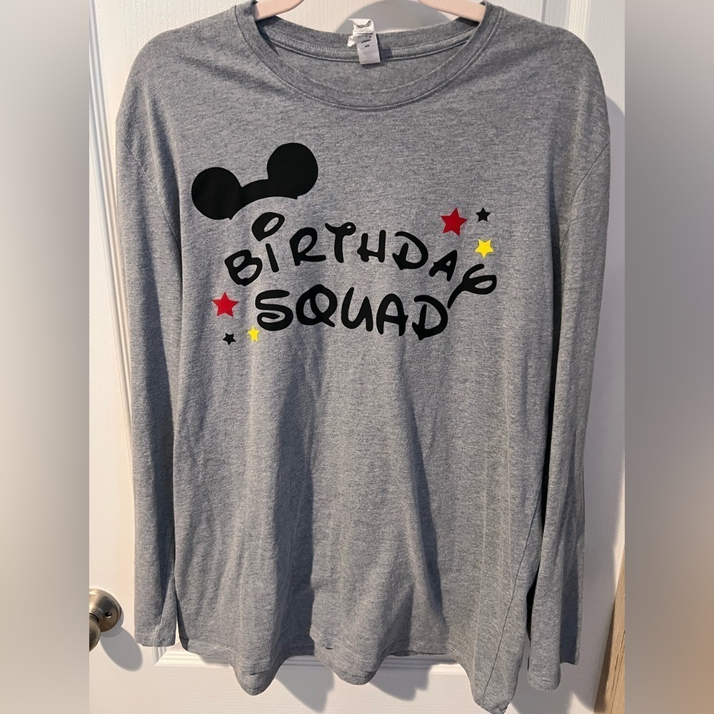 “Birthday Squad” grey shirt size large.